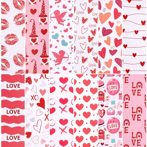 60st Valentinstag Musterpapiere, 12 Designs Herz Scrapbook Papier Doppelseitig Musterpapier zum Basteln Flach Gefaltet für DIY Kunsthandwerk Kartenherstellung Scrapbook Fotoalbum Dekor 140x210mm