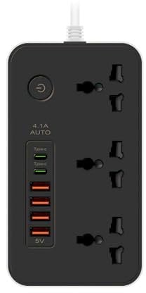 Extension Lead with Fast Charger 4 USB Slots, 2 Type C and 3 Gang Way Plug, Protected Extension Socket Power 4.1A