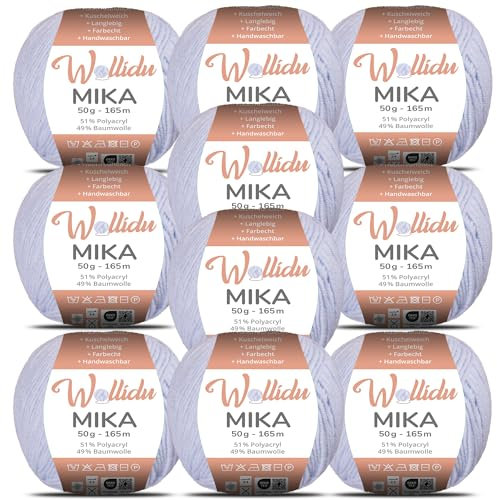 Wollidu Mika 51% Polyacryl 49% Baumwolle zum Häkeln und Stricken 10x 50g/165m Oeko-Tex Strickgarn Häkelgarn - Himmelblau