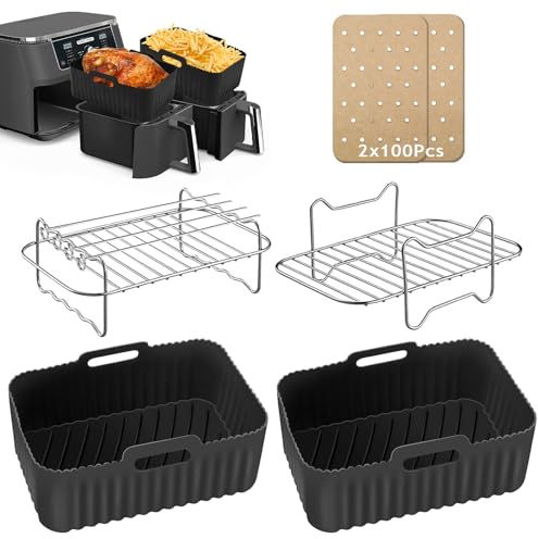 Immver Air Fryers Accessories for Ninja Dual Air Fryers AF451UK AF400UK,Set of 6,2 Reusable Silicone Air Fryer Liners,2 Air Fryer Rack with 4 Skewers,2x100pcs Air Fryer Parchment Paper, Black