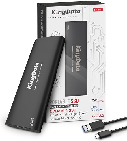 KingData M.2 NVMe SSD Enclosure - Tool-Free, USB 3.1 Adapter for 2230/2242/2260/2280 M.2 NVMe SSDs with USB C to A Cable