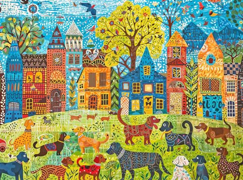 Cross & Glory - Colorful Canines: A Dog Park Day - 1000 Piece Folk Art Style Jigsaw Puzzle for Adults | Vibrant City Scene with Playful Pups | Perfect for Dog Lovers