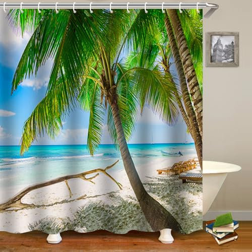 FAIRYGATE Garden Shower Curtain Outdoor Shower Curtains Polyester Fabric Waterproof Bath Curtains Antibacterial Bathroom Curtain with Hooks 180 * 180cm Beach B8818