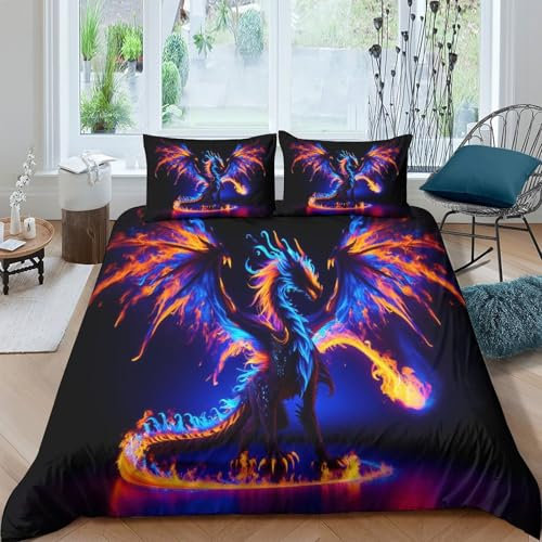 3D Flammend Bettwäsche Set Kinderbettwäsche,Weiches Und Bequemes,Glurak Mikrofaser Bettbezüge Mit Kissenbezüg 3-teilig,für Couch Und Sofa,Picknick,Strand Double（200x200cm）