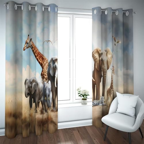 CHERHERART Afrika Tiere Vorhänge & Vorhänge Wildtier Abenteuer Fenstervorhänge Tragbare Verdunkelungstülle Fenstervorhänge für Küche Esszimmer B140xH229