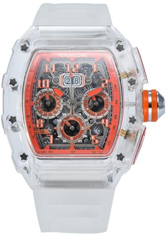 rorios Mode Armbanduhren für Herren Durchsichtig Tonneau Uhr Multifunktional Chronograph Uhr Analog Quarz Herrenuhren Sport Uhr für Männer Orange A