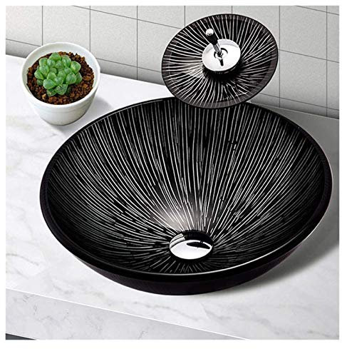 Tu Ye Vasque à Poser, Vasque de Salle de Bain de Luxe for hôtel, lavabo de Salle de Bain, Cuvette de Toilette Ronde, Ensemble de lavabo avec Robinet et Ensemble de vidange escamotable, Noir 16,53
