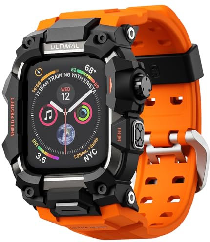ULTIMAL Rugged Case with Band for Apple Watch Strap 44mm, Compatible with Apple Watch Series 6/5/4/SE/SE2 Band, Enhanced Military Grade Shockproof Bumper Cover for iWatch Strap Men (44mm, Orange)