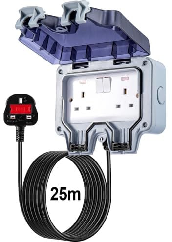 Youyijia 25M 2 Gang IP66 Outdoor Waterproof Socket with Extension Lead 13Amp Double Switched Sockets Cover Rated Weatherproof Wall Plug Socket Box