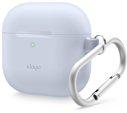 elago Silikon Hülle für AirPods 4 | kabelloses Laden, Karabiner inklusive, Silikon, stoßfest, Rundumschutz (Hellblau)