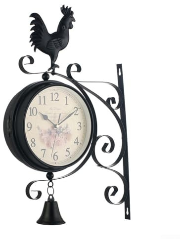 Oniissy Orologio da parete a doppio lato, con campana e gallo, orologio da giardino per esterni, stazione ferroviaria, orologio vintage da parete, decorazione da giardino all'aperto
