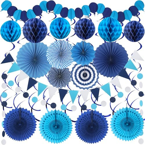 Blue Party Decorations, Easy Assembly Paper Fan Honeycomb Ball Garland Hanging Swirl Navy Blue Party Supplies for Boy Men Graduation Birthday Bridal Shower Baby Shower Party Decorations