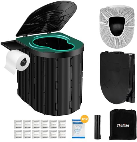 THALLIKE Portable Toilet for Camping, Folding Travel Toilet with Lid and Paper Holder, 15 Compact Potty for Adults with Waste Bags & Seat Covers, 450Lbs Capacity for Car, RV, Truck, Beach, Hiking