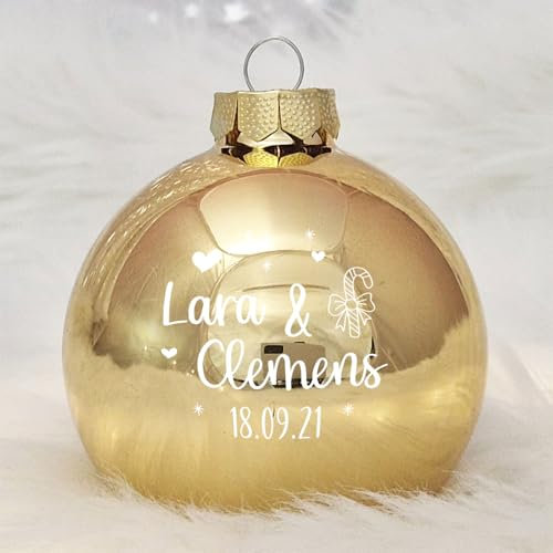 Personalisierte Weihnachtskugel mit deinem Namen und Wunschmotiv, aus Echtglas, 8 cm (02_Gold, Zuckerstange)