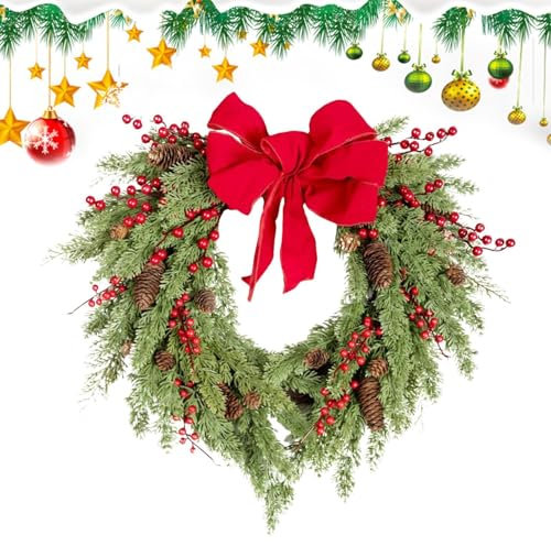 Corona de Navidad artificial, corona de Navidad decorativa, corona de abeto artificial para puerta, decoración de pared de Navidad, corona de Navidad de lujo con hojas y elementos naturales