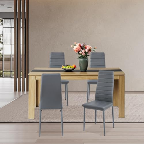 FURNITABLE Esstisch mit 4 Stühlen Esszimmergruppe, Essgruppe mit Hochlehner Kunstleder Stuhl für 4 Personen, Sitzgruppe für Küche Esszimmer Wohnzimmer(160cm Eiche-Schwarz Tisch+4 Grau Stühle)