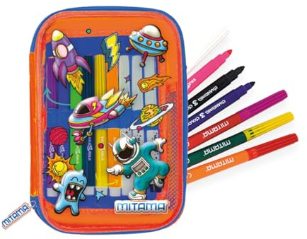 Mitama Federmäppchen für die Schule, Magic Pensil Case, Kinder, Orange, Weltraum, komplett mit Markern, Schule und Freizeit, Orange, Taglia Unica, Modern