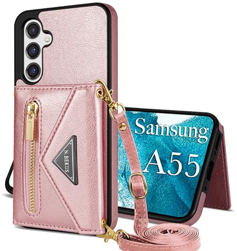 GUVAGI für Samsung Galaxy A55 5G Hülle mit Band Handykette Handyhülle,4-Karten Leder Klappbar Reißverschluss Handytasche Mädchen Case mit Abnehmbar Kette Schnur Tasche Hinten Umhängen (Rosa)