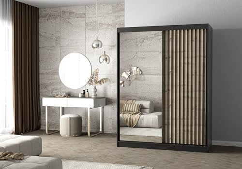 Easy4You Lami I Schwarz/Artisan Schiebetürenschrank Kleiderschrank 150x200x61 cm mit Spiegel - Schlafzimmermöbel, Aufbewahrung – Mehrzweckschrank mit Kleiderstange und Lamellen