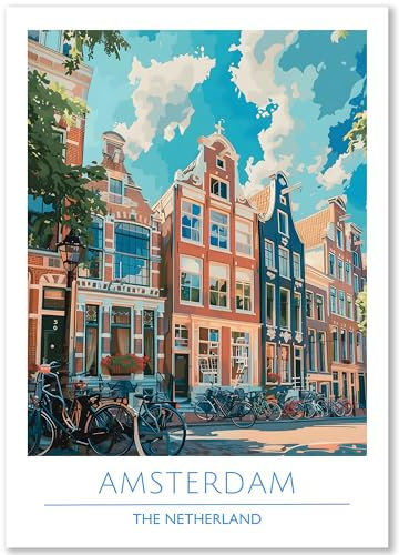 Happymotive – Städte Poster A3 & A4 | Illustrierte Wandbilder in Farbe | Moderne Wanddeko für Wohnzimmer, Schlafzimmer & Büro | Hochwertiger Druck auf 300g Papier (Amsterdam, DIN A4)