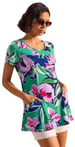 Roman Originals Textured Floral Tunic Top for Women UK - Ladies Everyday Holiday Spring Summer Round Neckline Comfy Soft Evening Vacation Work Party - Turquoise - Size 16