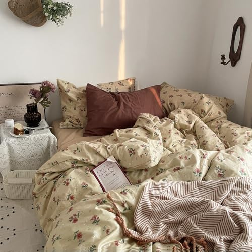 MKXI Bettwäsche-Set mit Blumenmuster, 3-teilig, Vintage-Stil, Landhaus-Design, 100% Baumwolle, weich, ästhetisch, mit Bändern und Kissenbezügen, Gelb/Beige/Rot