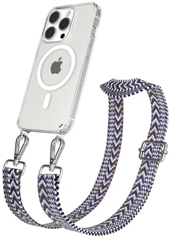 EAZY CASE Handykette - Verstellbares Taschenband kompatibel mit iPhone 15 Pro, Schulterriemen, Handykordel mit Silikon Hülle, Qi Charging kompatibel, Umhängetasche, Blau Weiß Silber