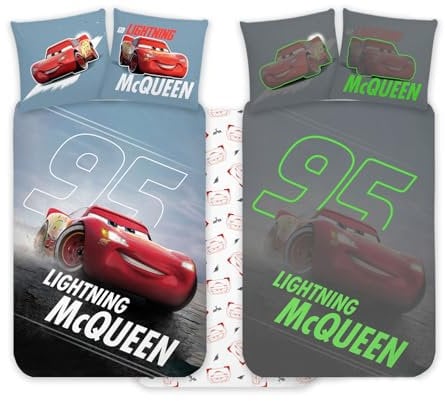 Disney Cars McQueen Cot Size Bedlinen Set 100x140 cm & Pillowcase 40x45 cm | Glow-in-the-Dark Duvet Set for Kids | Reversible Bedding Set for Boys & Girls | Soft & Breathable, 100% Cotton