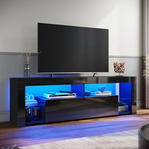 ELEGANT TV Stand Cabinet Unit with 16 RGB LED Lights, High Gloss TV Stand with Large Storage and 1 Big Drawer, Modern Black TV Cabinet with 2 Glass Shelf for Living Room, Bedroom 1600x350x505mm