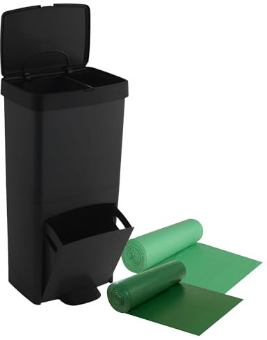 Pack Cubo de basura o reciclaje 70L en NEGRO, VERTICAL, 2 Compartimentos, Papelera residuos, 76 cm, INCLUYE bolsas de basura adaptadas (30L + 40L)