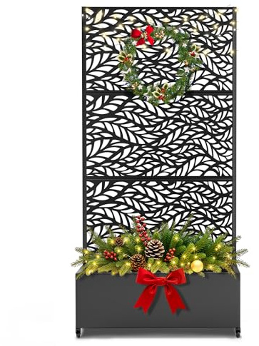 FENCY Pflanzkasten aus Metall mit Sichtschutz & Rädern, Black Leaf