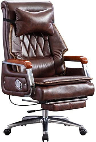 Chefsessel mit hoher Rückenlehne, verstellbar, 90 °, 155 °, echtes Leder, Drehstuhl, 200 kg Kapazität, ergonomisches Design, Braun, 114 x 120 cm Größe, perfekt für Zuhause und Büro