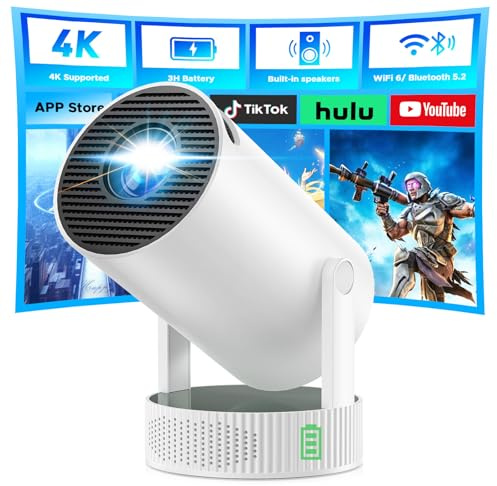 Videoproiettore Portatile con Batteria, Mini Proiettore con supporto risoluzione 4K Android TV 11 WiFi 6 Bluetooth, 3 Ore Autonomia, Esterno Campeggio Giardino, 220° Rotazione, Cinema Casa All'Aperto