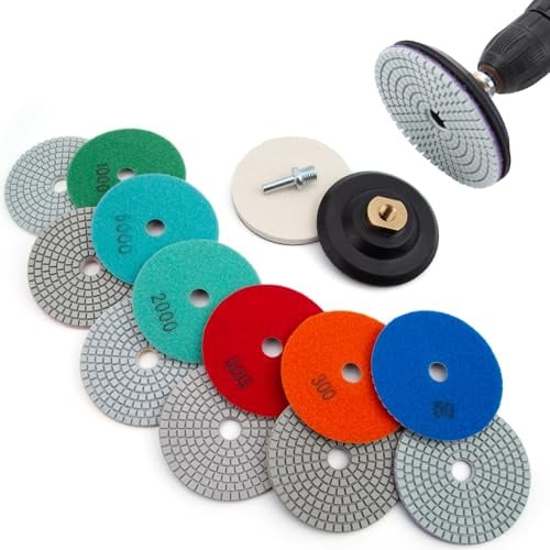 LESOLEIL 15pcs Diamond Polishing Pads Kit with M14 Backer Pad | Wet/Dry Stone Granite Tile Polish Pad for Polisher, Grinder, Drill, 50-8000 Grit Sanding Pad for Concrete Marble Countertop