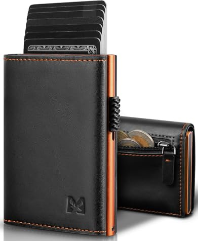 MYSHION Portefeuille Pop Up pour Homme avec Poche à Monnaie, Portefeuille Trifold avec Fenêtre d'Identité, Porte-Cartes Intelligent avec Blocage RFID et 6 Fentes pour jusqu'à 11 Cartes (Noir Orange)
