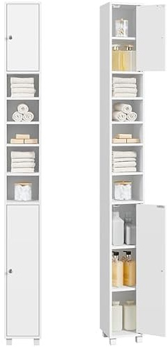 Yaheetech Badezimmerschrank, Badschrank, hoch, schmaler Aufbewahrungsschran | mit verstellbaren Ablagen, offenen Fächern, für kleine Räume, 20x20x180.5 cm, Weiß