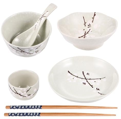 BESPORTBLE Ensemble Vaisselle Japonaise Personne 6 Pièces en Céramique Bleu Vert Bol, Assiette, Tasse, Cuillère et Baguettes – Service de Table Pratique pour Usage Quotidien et Repas Maison
