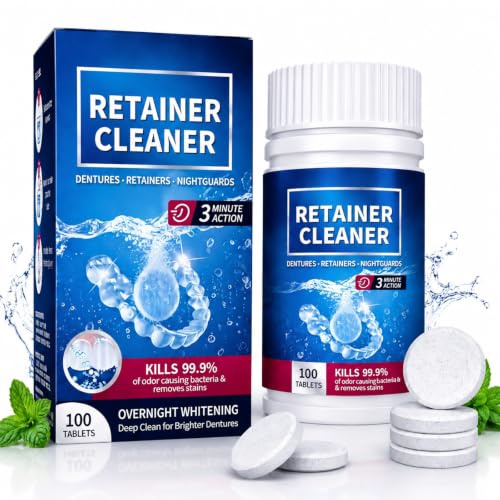 100 Tablettes De Nettoyage Retainer, Pastilles Nettoyantes Extra Fortes pour Appareils Orthodontiques, Gouttières, Prothèses Dentai, les brillantes et non jaunissantes, Menthe Fraîche