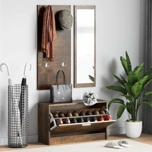 Cartvyn Lot de 3 meubles de couloir en bois de chêne fumé avec armoire à chaussures, porte-manteau et miroir, rangement à chaussures pour couloir, étagère à chaussures avec beaucoup d'espace de