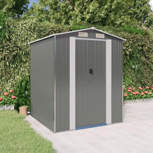 Bendmaxx Gerätehaus Hellgrau aus verzinktem Stahl 192x191x223 cm mit Schiebetür, Schuppen Lagerhaus für Werkzeug Rasenmäher Fahrrad Outdoor Ordnung
