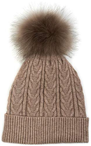 styleBREAKER Damen Feinstrick Bommelmütze mit Zopfmuster, Kunstfell Bommel Mütze, gefütterte Winter Strickmütze 04024100, Farbe:Taupe