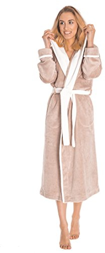 LEVERIE Lunga vestaglia invernale donna in pile con cinturino e tasche, Mod. 1 beige/bianco, S