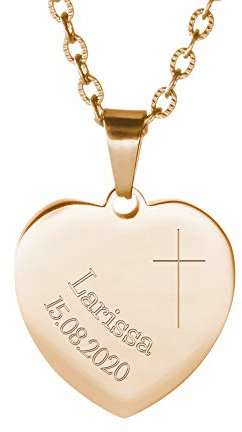 Gravado Halskette aus Gold-Edelstahl mit Herz-Anhänger und Kreuz Gravur, Personalisiert mit Namen und Datum, inkl. Geschenkbox, Mädchen Schmuck