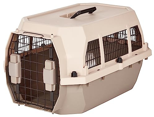 Amazon Basics Hard-Sided Dog and Cat Kennel, Single-Door Travel Pet Carrier with Metal Wire Ventilation, 23.6L x 15.7W x 13H, Beige