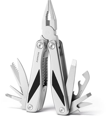 RICHARTZ GRIP tool | Multitool mit 10 Funktionen inkl. Zange & Allzweckklinge | Edelstahlgriffe mit schwarzen Kunststoffeinlagen | Sicher arretierbares Multitool Werkzeug inkl. Gürteltasche