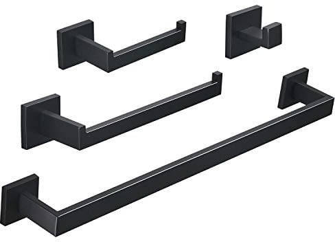 Beelee 4 Piezas Set de Accesorios de baño, Acero Inoxidable, Toallero de Barra Portarrollo de Papel Higiénico Gancho Anillo de Toalla, Montaje en Pared, Pintura Negra, BA199SET-4B