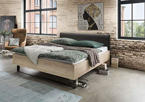 WIEMANN Brüssel Bett, Holz, Doppelbett, Bettgestell 180 x 200 cm, Futonbett, schwebend, Stein-Eiche, mit Polsterkopfteil schwarz, schwebeoptik