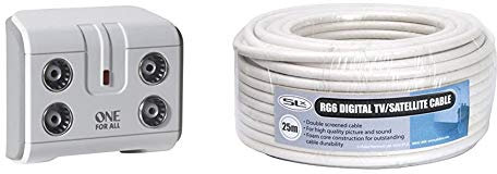 One For All Signal Booster/Splitter for TV - white & Coax Cable 25m RG6 White, Philex 27600FW25 Aerial & Satellite Cable Coaxial TV Cable