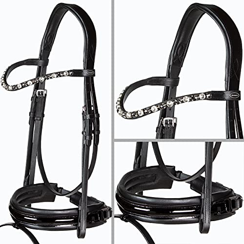 Heinick-Reitsport Trense anatomisch Motion Schwarz Lack breites RH mit Zaumhaken ~ Warmblut ~ (Glow-White-Ash)