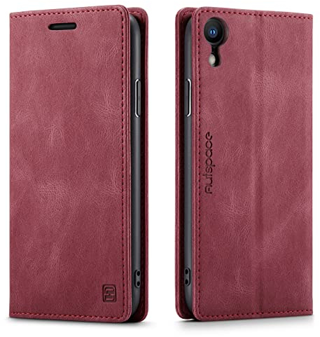 LOLFZ Handyhülle für iPhone XR, Vintage Dünne Schutzhülle RFID Schutz Kartenfach Standfunktion PU Leder Magnetische Klapphülle Kompatibel mit iPhone XR - Rot